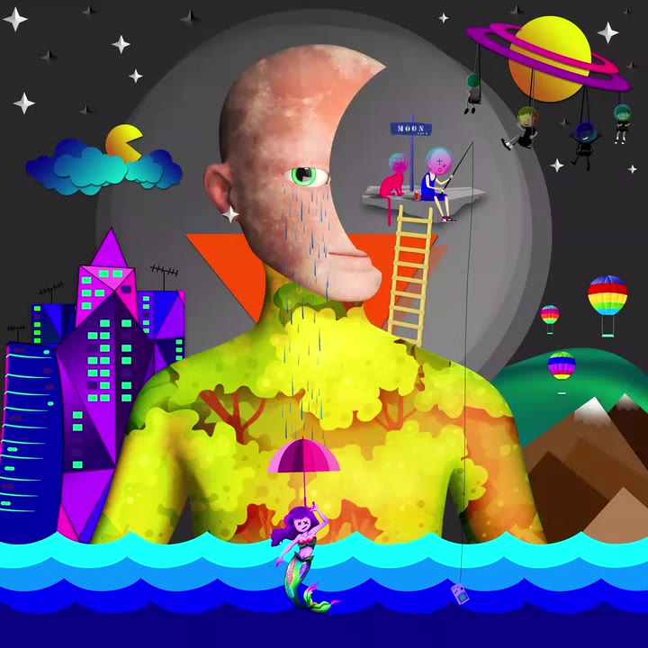 A colorful surreal world with a moon-shaped face, planets and tiny figures