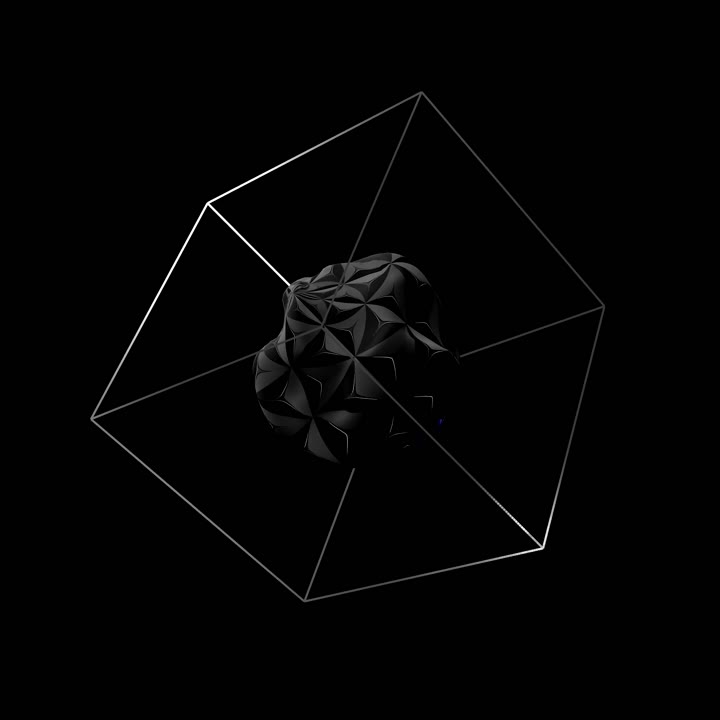 A shifting black faceted form rotates inside a wireframe cube