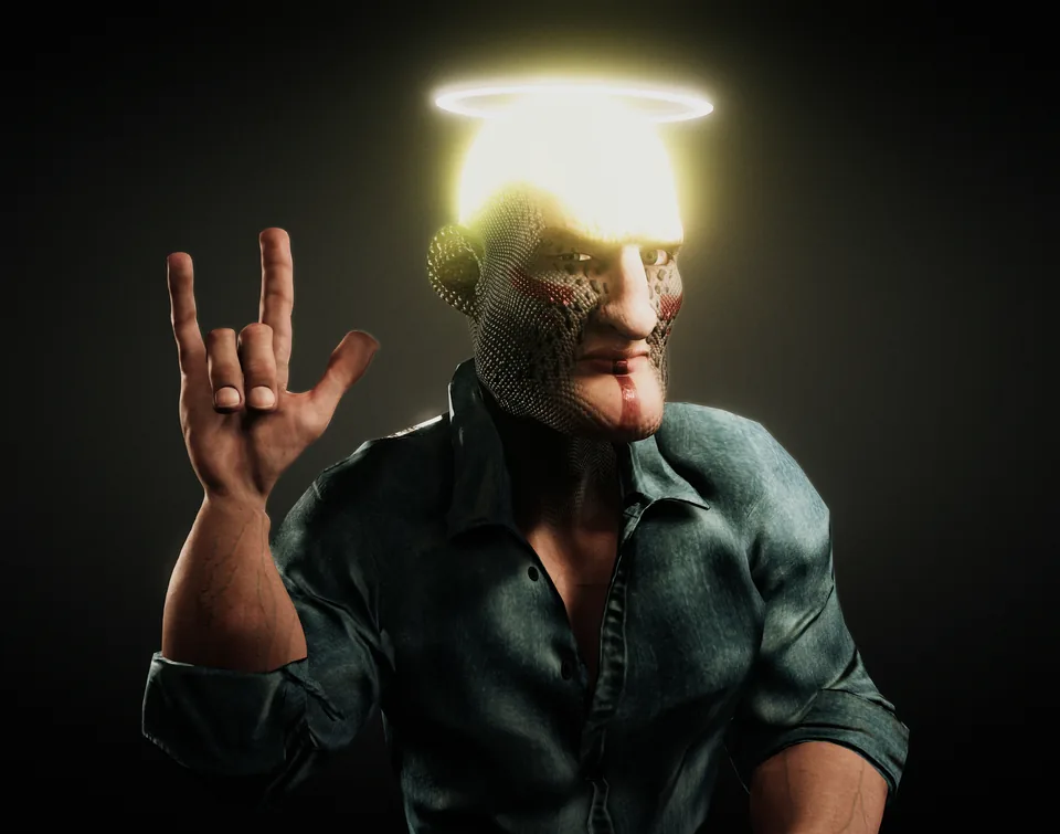 A futuristic portrait with a glowing halo and a raised rock hand gesture