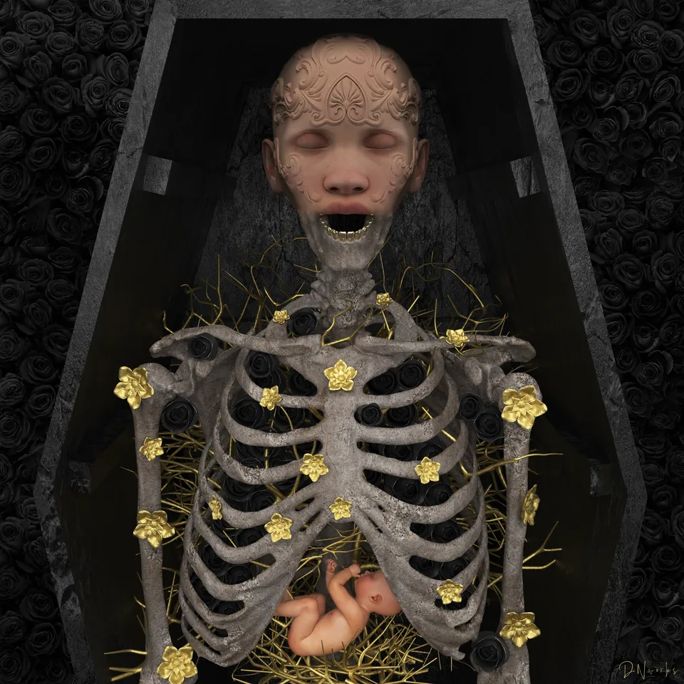 A surreal skeletal figure framed by black roses and gold flowers, with a child sheltered inside its ribs